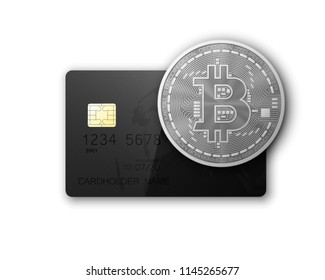 Credit card HUD Golden bitcoin. Digital currency money. Technology credit card bitcoin mining worldwide. Web banner golden bitcoin plastic card. Physical bit coin. Cryptocurrency electronic coin money