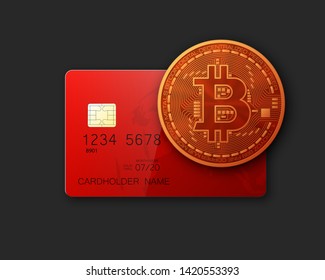 Credit card HUD Golden bitcoin. Digital currency money. Technology credit card bitcoin mining worldwide. Web banner golden bitcoin plastic card. Physical bit coin. Cryptocurrency electronic coin money