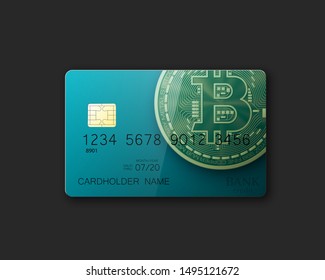 Credit card HUD Golden bitcoin. Digital currency money. Technology credit card bitcoin mining worldwide. Web banner golden bitcoin plastic card. Physical bit coin. Cryptocurrency electronic coin money