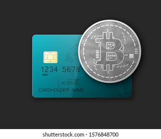 Credit card HUD Golden bitcoin. Digital currency money. Technology credit card bitcoin mining worldwide. Web banner golden bitcoin plastic card. Physical bit coin. Cryptocurrency electronic coin money