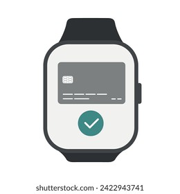 Credit card icon with accepted payment.  Approval check mark on rectangle smart watch screen. Vector