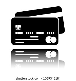 credit card icon. Black icon with mirror reflection on white background