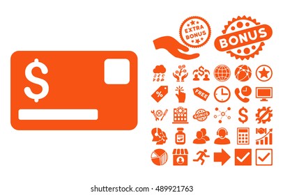 Credit Card icon with bonus clip art. Vector illustration style is flat iconic symbols, orange color, white background.