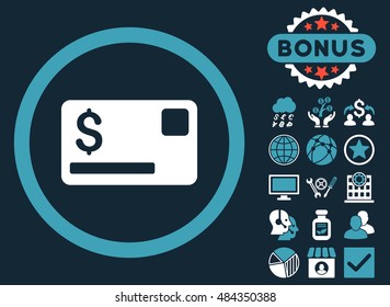 Credit Card icon with bonus elements. Vector illustration style is flat iconic bicolor symbols, blue and white colors, dark blue background.