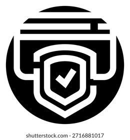 Credit card icon featuring a shield with a checkmark, representing secure, verified, and protected financial transactions for online shopping and digital banking