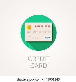 Credit card Icon. Flat design style with long shadow. Credit, mortgage, shopping or money icon. Bank plastic card with card number. App icon