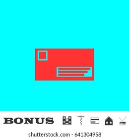 Credit card icon flat. Red pictogram on blue background. Vector illustration symbol and bonus buttons Music center, corkscrew, credit card, house, drum