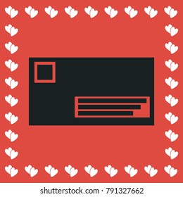 Credit card icon flat. Simple black pictogram on red background with white hearts for valentines day. Vector illustration symbol