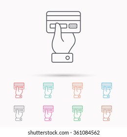 Credit card icon. Giving hand sign. Cashless paying or buying symbol. Linear icons on white background.