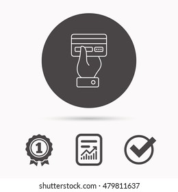 Credit card icon. Giving hand sign. Cashless paying or buying symbol. Report document, winner award and tick. Round circle button with icon. Vector