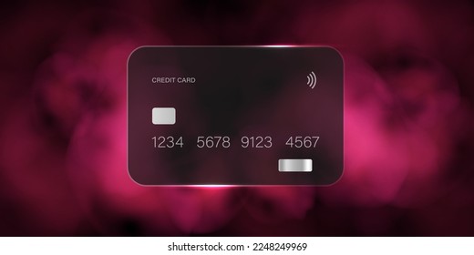 Credit card icon. Glassmorphism style with smoke.Pink smoke or fog. Smoke or fog color isolated on dark background. Realistic pink colorful smoke clouds .10 eps