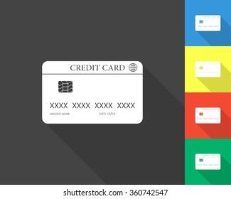 credit card icon - gray and colored (blue, yellow, red, green) vector illustration with long shadow