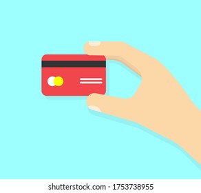 Credit card icon. Hand holding credit card. Business concept. Isolated background. Illustrations vector flat style. 