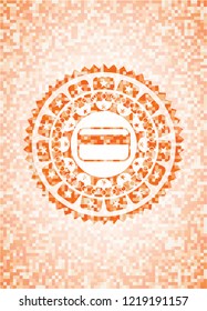 credit card icon inside abstract emblem, orange mosaic background