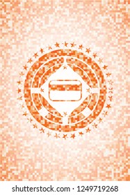 credit card icon inside abstract emblem, orange mosaic background