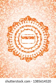 credit card icon inside abstract emblem, orange mosaic background