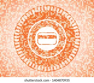 credit card icon inside abstract emblem, orange mosaic background