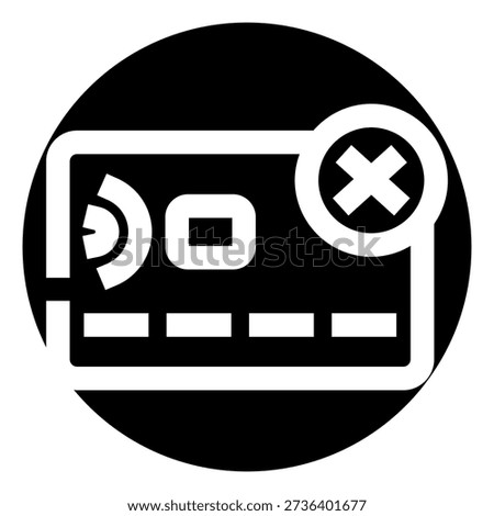Credit card icon inside a black circle displaying a contactless payment symbol, a chip, and a cross mark indicating a declined or failed financial transaction
