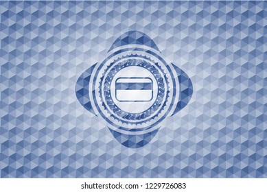 credit card icon inside blue badge with geometric background.
