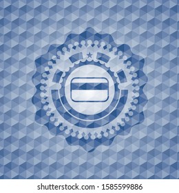 credit card icon inside blue emblem or badge with abstract geometric pattern background.