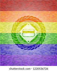 credit card icon inside emblem on mosaic background with the colors of the LGBT flag