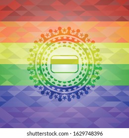 credit card icon inside emblem on mosaic background with the colors of the LGBT flag