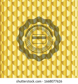 credit card icon inside gold badge. Scales pattern. Vector Illustration. Detailed.