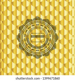 credit card icon inside golden emblem or badge. Scales pattern. Vector Illustration. Detailed.