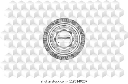 credit card icon inside grey emblem with geometric cube white background