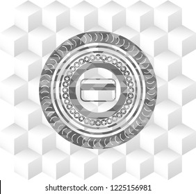 credit card icon inside grey icon or emblem with geometric cube white background