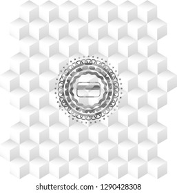 credit card icon inside grey emblem with geometric cube white background