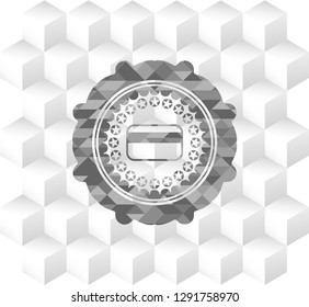 credit card icon inside grey emblem with geometric cube white background