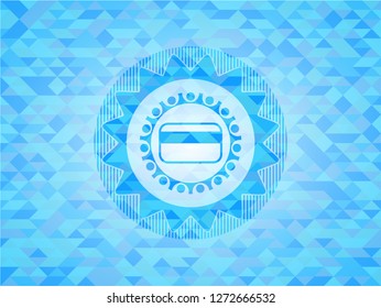 credit card icon inside light blue emblem with triangle mosaic background
