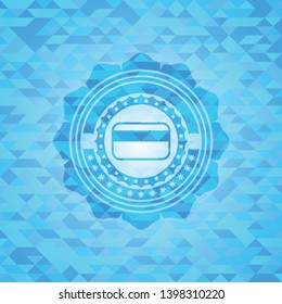credit card icon inside light blue emblem. Mosaic background