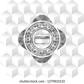 credit card icon inside realistic grey emblem with geometric cube white background