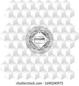 credit card icon inside realistic grey emblem with geometric cube white background