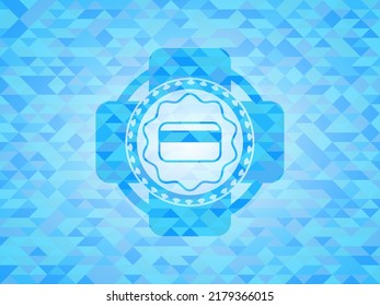 credit card icon inside realistic sky blue emblem. Mosaic background. 
