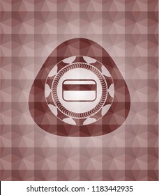 credit card icon inside red emblem or badge with abstract geometric pattern background. Seamless.