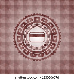 credit card icon inside red emblem with geometric pattern background. Seamless.
