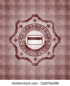 credit card icon inside red seamless emblem or badge with abstract geometric polygonal pattern background.