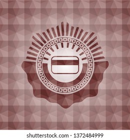 credit card icon inside red seamless emblem or badge with geometric pattern background.