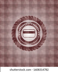 credit card icon inside red emblem with geometric background. Seamless.