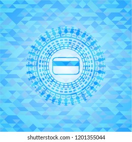 credit card icon inside sky blue emblem with mosaic ecological style background