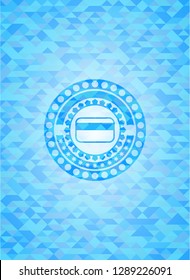 credit card icon inside sky blue emblem with mosaic ecological style background
