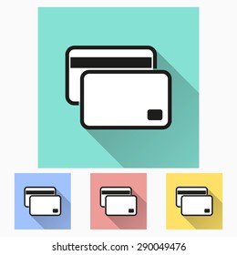 Credit card icon with long shadow, flat design. Vector illustration.