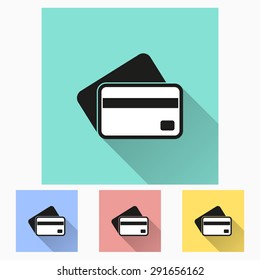 Credit card icon with long shadow, flat design. Vector illustration.