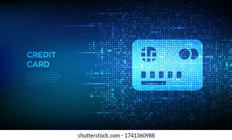 Credit card icon made with currency symbols. Money, payment symbol. Banking, finance, e-commerce banner. Dollar, euro, yen and pound icons. Background with currency signs. Vector illustration.