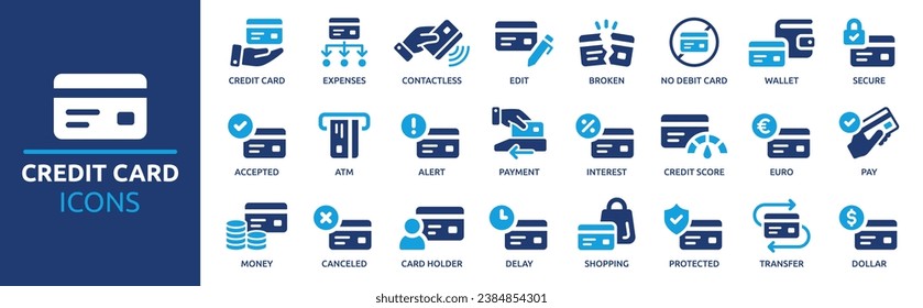 Credit card icon set. Containing payment, accepted, secure, money, contactless, ATM, wallet and more. Solid vector icons collection.