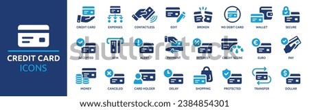 Credit card icon set. Containing payment, accepted, secure, money, contactless, ATM, wallet and more. Solid vector icons collection.