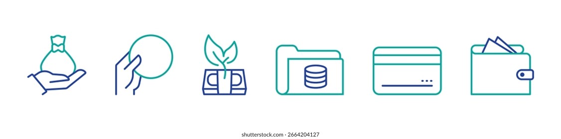 Credit card icon set.  linear vector icons for finance, banking. Includes concepts for digital payment, e-wallet, secure transaction, and money bag. Editable stroke vector illustration.